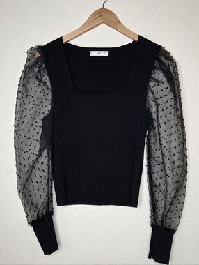 MNG Mango Black Plumeti Sheer Puff Sleeve Knit Top Swiss Dot Dark Feminine M